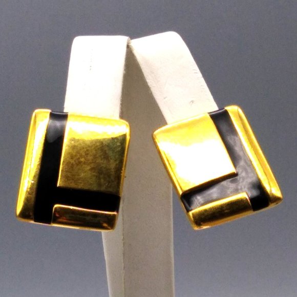 Vintage Napier Linear Rectangle Earrings, Gold Tone Clip Ons with Black Enamel - Picture 1 of 5
